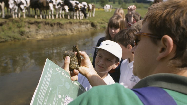 Children visiting Coleshill farm with an educational volunteer